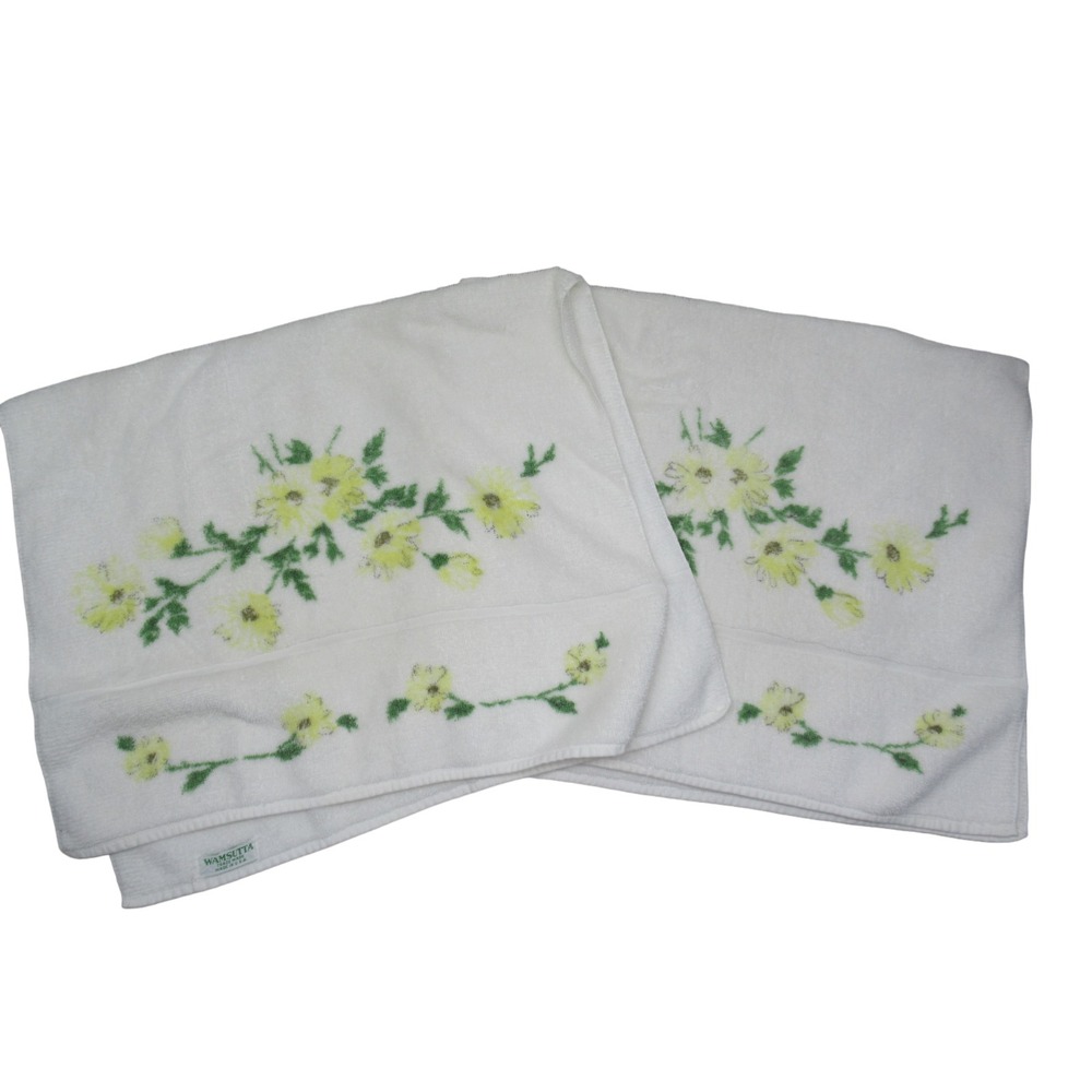 Wamsutta made USA two vintage hand towels yellow flowers floral green leaves